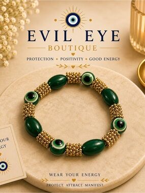 Evil Eye Boutique Green & Gold Beaded Protection Bracelet